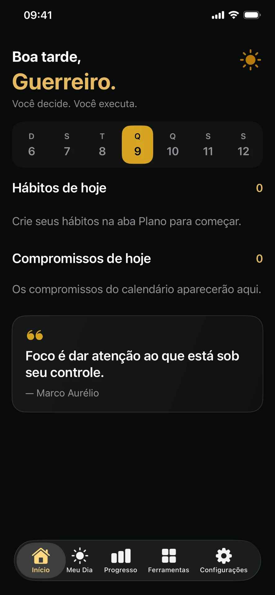 Tela inicial do Foco Estoico com hábitos e compromissos do dia