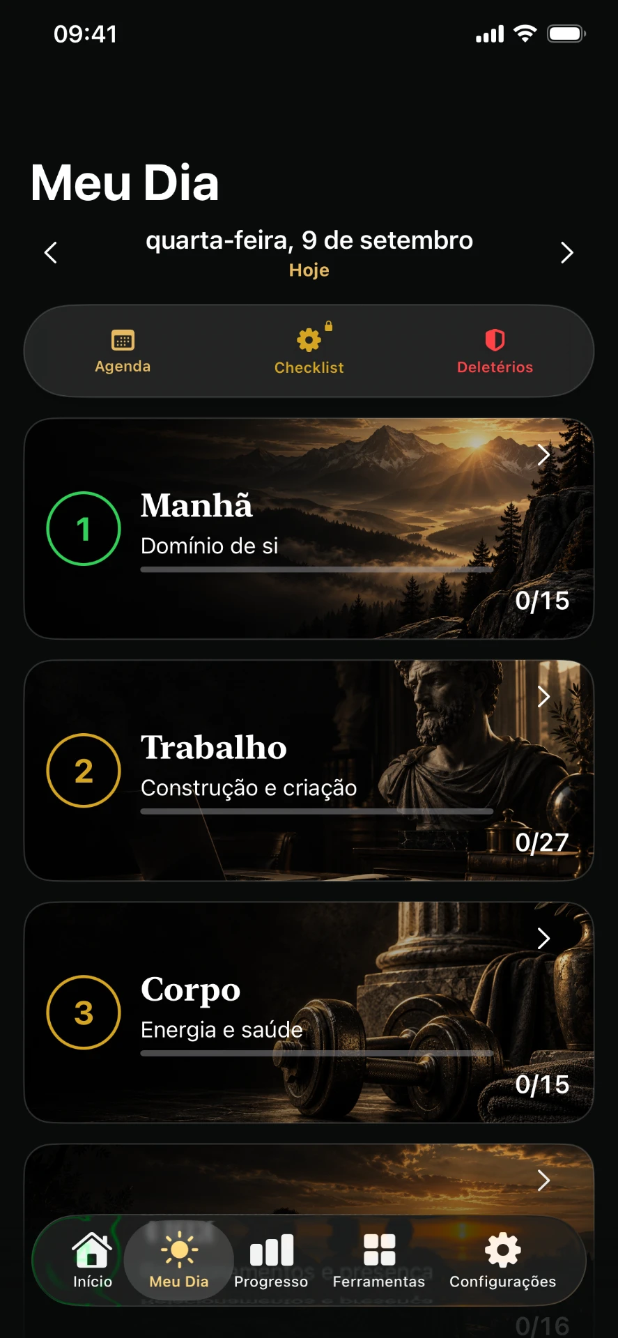 Tela Meu Dia do Foco Estoico com as etapas da rotina