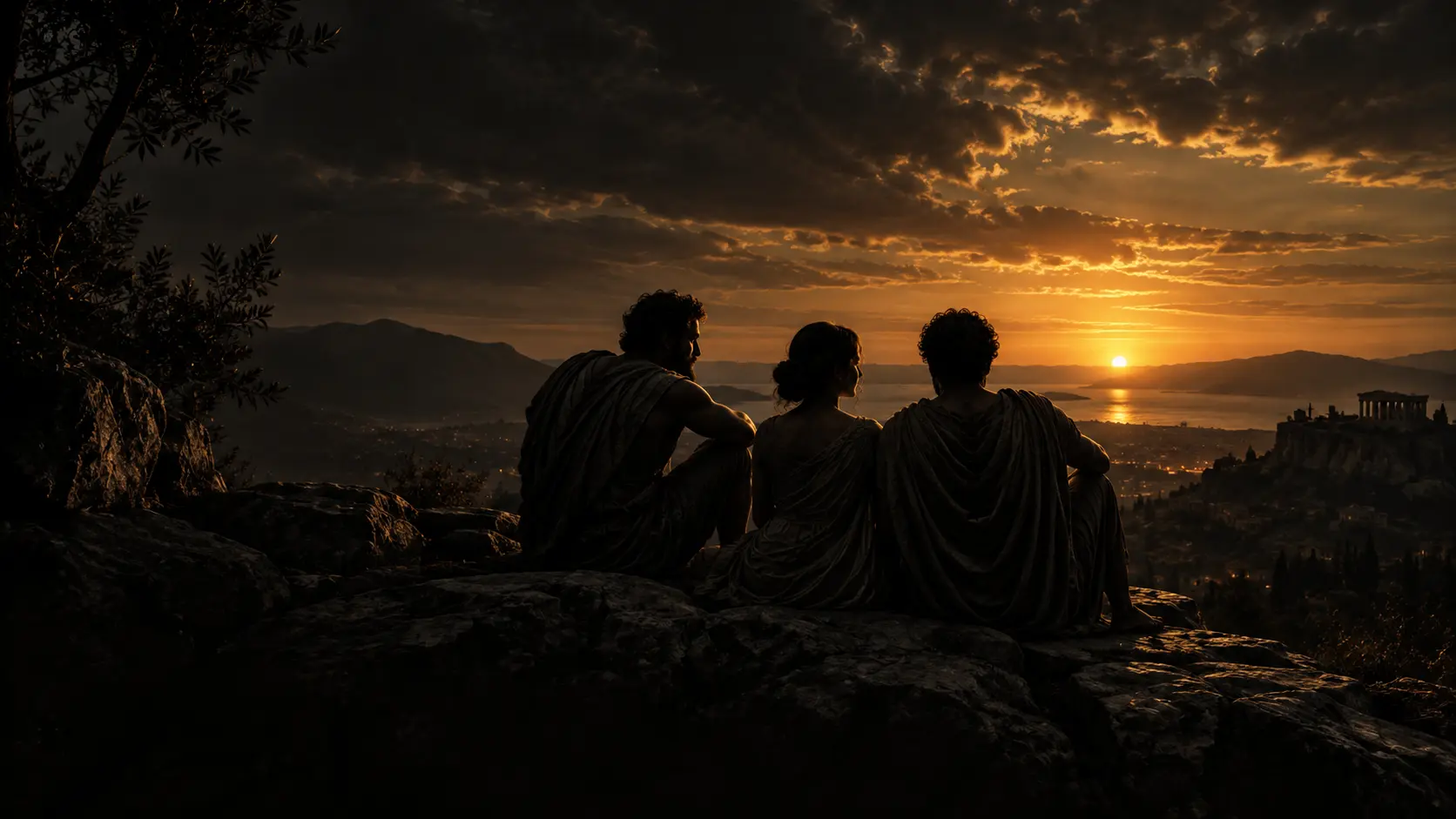 Três pessoas contemplando o horizonte ao pôr do sol