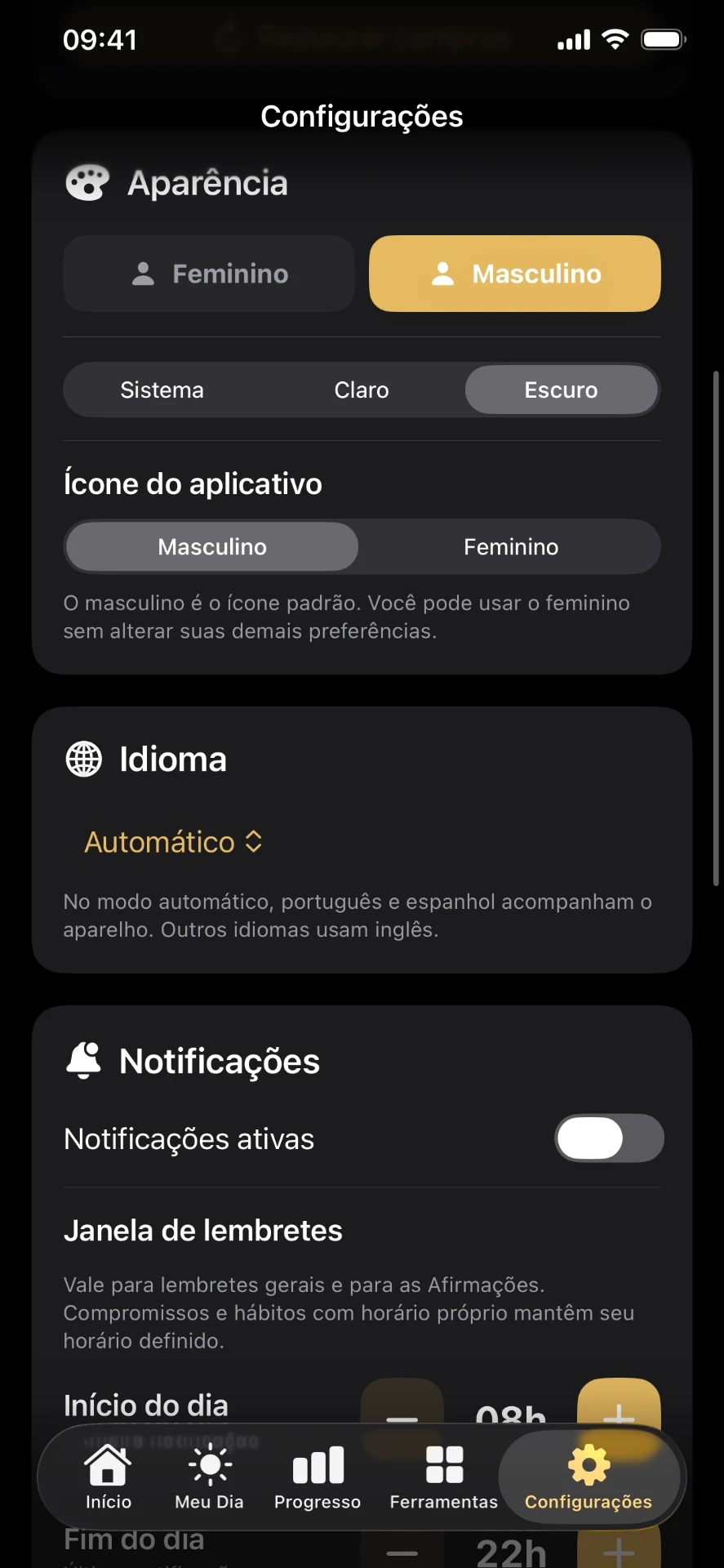 Tela de configurações do Foco Estoico